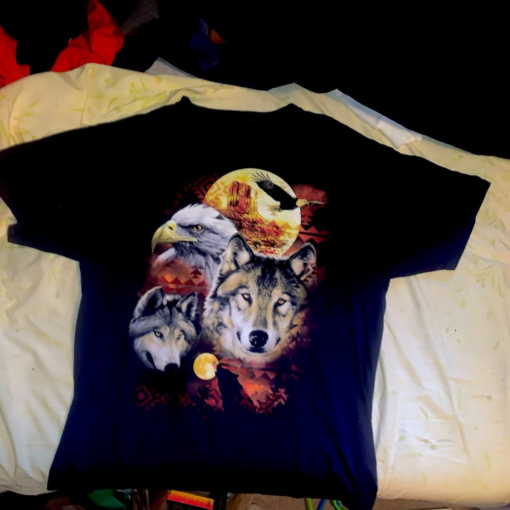 Wolf Eagle T-shirt Mens Blue Nature FTL Heavy Cotton Tribal USA Y2K Size XL